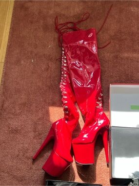 Pleaser Red Patent Thigh-High Platform Stiletto Boots